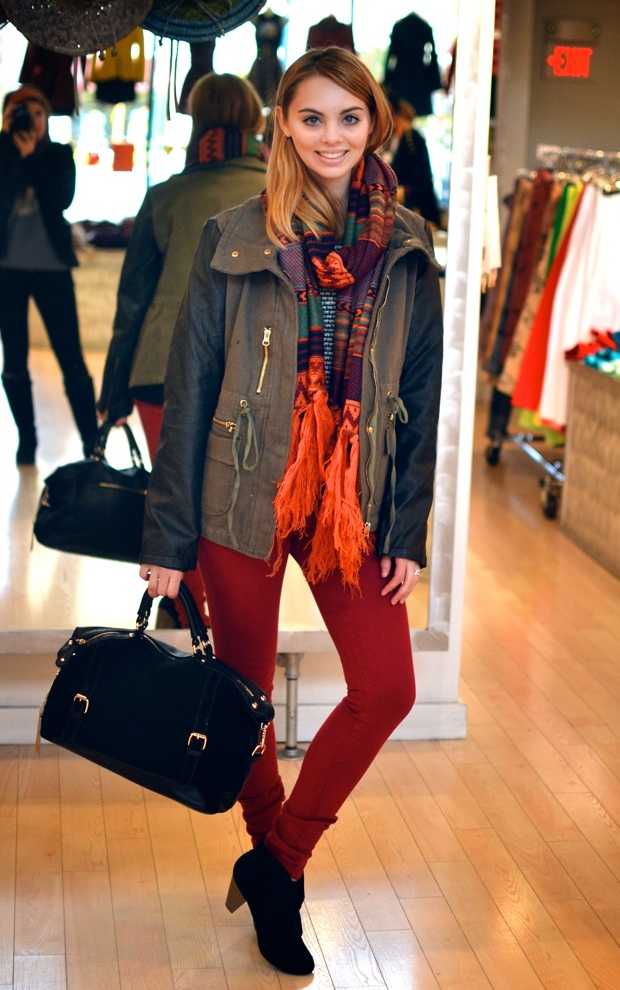 printed scarf black duffle and black isabel marant inspired booties