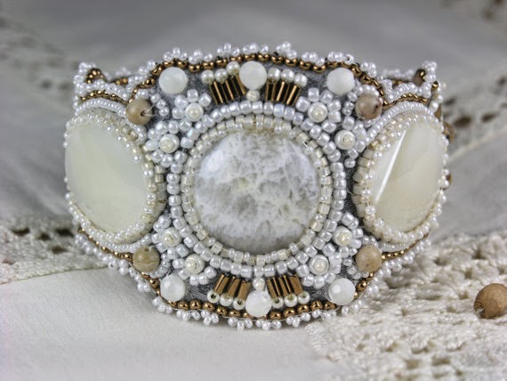  Beaded, Bead Embroidered Cream Cuff - White Plume Agate