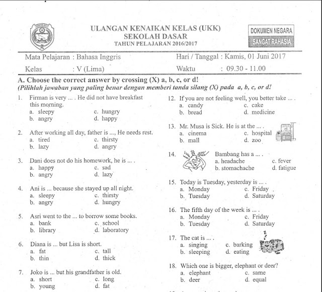 Kumpulan Soal UKK Bahasa Inggris Kelas V SD 2017