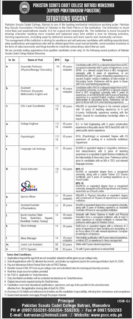 Latest Government Pakistan Scouts Cadet College Jobs 2024