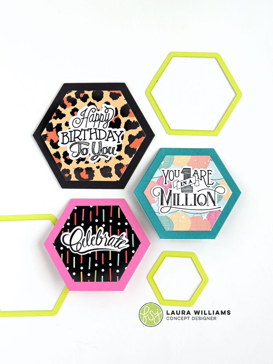 Click here to learn how to make a mini hexagon-shaped card set using stamps and dies from FSJ + Spellbinders. Die cut hexagons, and score or fold on one edge to adhere them together, and then embellish with stamped sentiments and patterned paper. #cardmaking #handmadecards