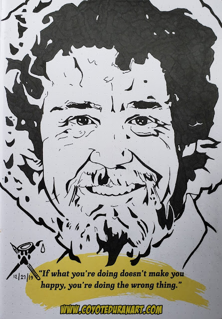 Bob Ross. Pentel Pocket Brush Pen and Sakura Micron marker (.01) in a Bob Ross sketch journal. Art by Coyote Duran