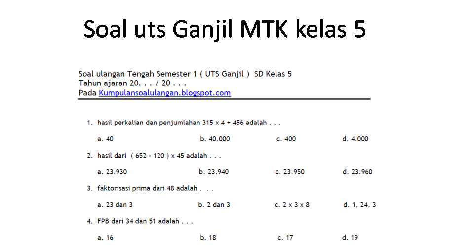 Aneka Bank Soal: Soal Ulangan\/ UTS Matematika Kelas 5 SD semester 1