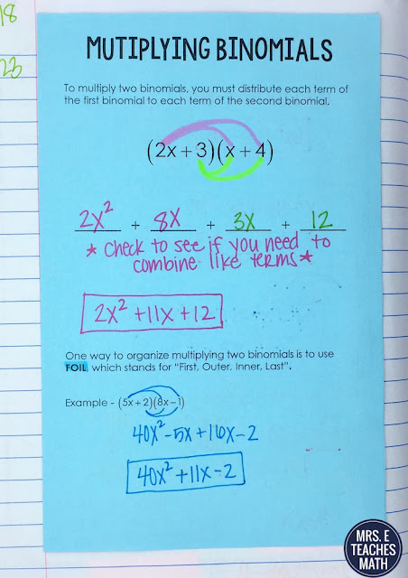 Multiplying Binomials Notes for Interactive Notebooks in Algebra 1