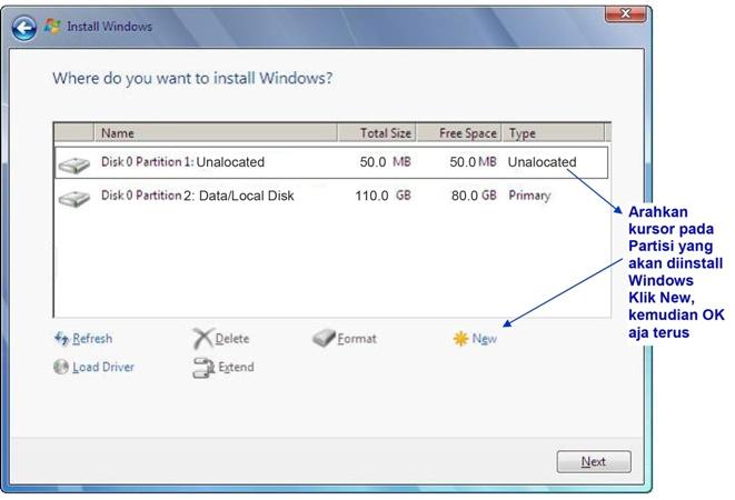 cara instal windows 7 memilih dan membuat partisi