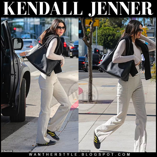 Kendall Jenner in white pants and black shoulder tote on November 14 ~ I  want her style - What celebrities wore and where to buy it. Celebrity Style