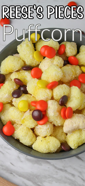 puffcorn in a gray bowl with a recipe title text overlay.