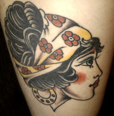 Gypsy lady head tattoo with x-ray veil. Placement: lower arm