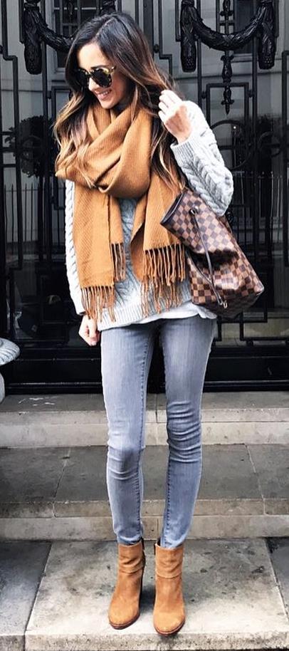 how to style a plaid bag : knit sweater + scarf + skinny jeans + over the knee boots