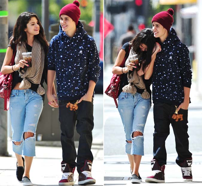 Fotos em HQ: Selena Gomez e Justin Bieber passeando de mãos dadas pelas ruas de Los Angeles depois de almoço no restaurante Panera Bread - 05 de Abril de 2012