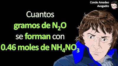 (Química-Chang13-problema-3.76) El óxido nitroso (N2O) también se llama “gas hilarante”. Se puede preparar a partir de la descomposición térmica de nitrato de amonio (NH4NO3). El otro producto es agua. a) Escriba una ecuación balanceada para esta reacción. b) ¿Cuántos gramos de N2O se formarán si se utilizan 0.46 moles de NH4NO3 para la reacción?