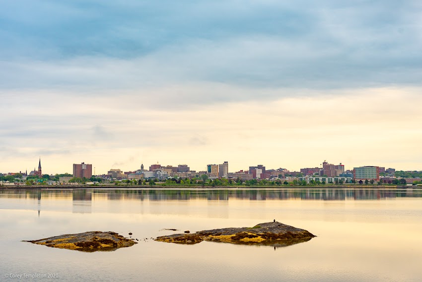 Portland, Maine USA June 2020 photo by Corey Templeton. A tranquil Back Cove morning looking towards the peninsula.