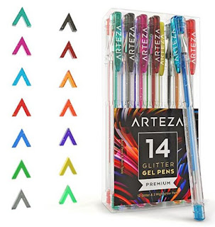 Arteza Glitter Gel Pens 14-Individual-Colors - Triangular Grip - (0.8-1.0 mm Tips, Set of 14)