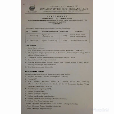  bidang medis kali ini bersumber dari halaman twitter RSKGM Kota Bandung  Seleksi Penerimaan Pegawai BLUD Non PNS RSKGM Kota Bandung Tahun 2018