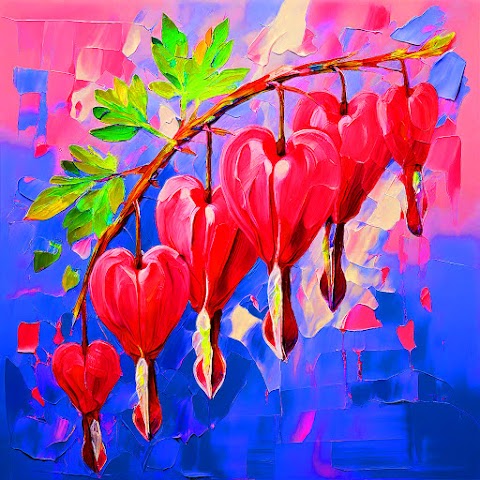 Floral-oil-painting-abstract-artwork-splash-color-bleeding-heart-flowers-in-pinkish-red-colours