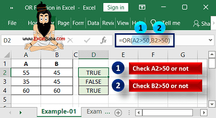 Example OR Function in Excel