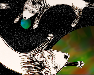 Pen and ink ferret drawings on a digital art outer-space background