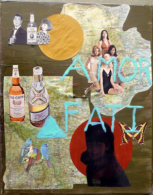 Alberta Canada Dada Fluxus Miller High life beer bottle old crow bourbon bottle birds butterfly vintage whiskey ad vintage model photo flag map collage