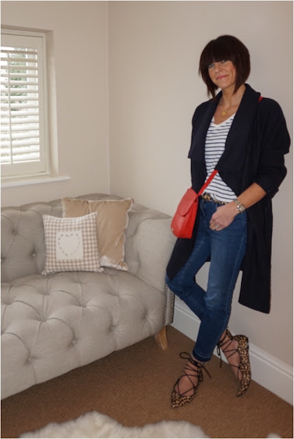 My Midlife Fashion, Zara wool belted coat, osprey London cross body bag, kettlewell stripe pleat sleeve tee, boden cropped jeans, zara leopard print ghille lace up shoes, Harry Rocks Entwined Initials Necklace