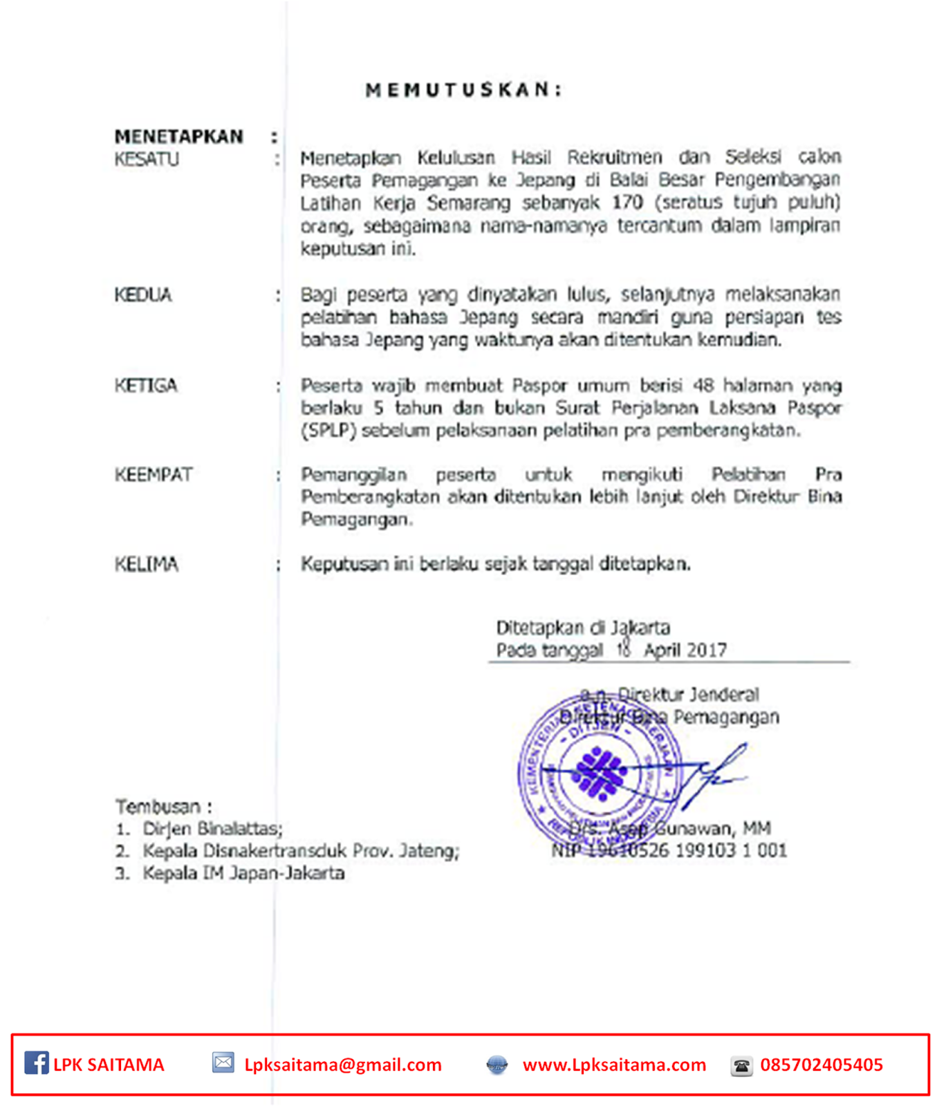Hasil Meical Check Up dapat di ambil di LPK SAITAMA Jl Pahlawan No 9 Prajenan Mertoyudan Magelang