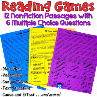 These reading games are perfect for test prep! This set includes 12 nonfiction passages written for 4th and 5th grade students. After reading each passage, students answer 6 multiple choice questions. Reading skills include main idea, text structures, context clues, cause and effect, citing text evidence, figurative language, and more!