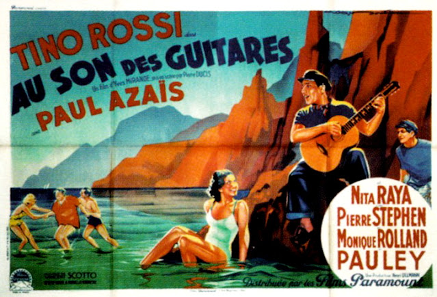 AU SON DES GUITARES. Francia: 240 x 160 cms. Arte: Roger Soubie. Au son des guitares. 1936. Francia. Dirección: Pierre-Jean Ducis. Reparto: Tino Rossi, Paul Azaïs, Nita Raya, Monique Rolland, Paul Pauley, Pierre Stéphen, Lucette Meryl, Charles Lemontier.