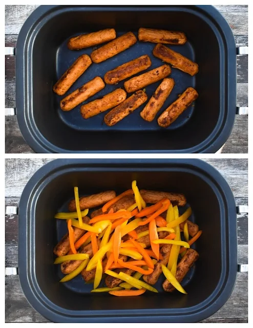 Making sausage stew - step 2 - cooked sausages and sliced peppers added to slow cooker pot