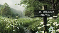 Image by Sheila Webber using Midjourney AI, promt serene landscape, green palette, hyper real, grass trees spring flowers, the words information integrity in bold font