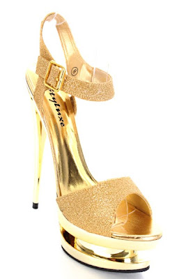 Gold Glitter Round Open Toes Stack Mirror Platform Heels