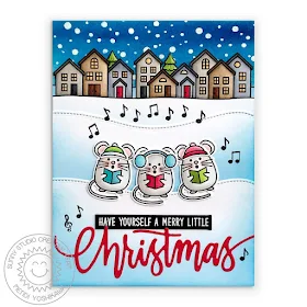 Sunny Studio: Merry Mice Christmas Caroling Mouse Holiday Card (using Woodland Border dies, Christmas Garland Dies, Scenic Route Stamps and Frosty Flurries Stamps)