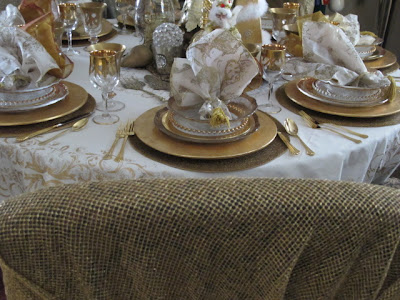 The muted gold patterned tablecloth was a new