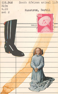 library due date card collage with vintage postage stamp by Justin Marquis