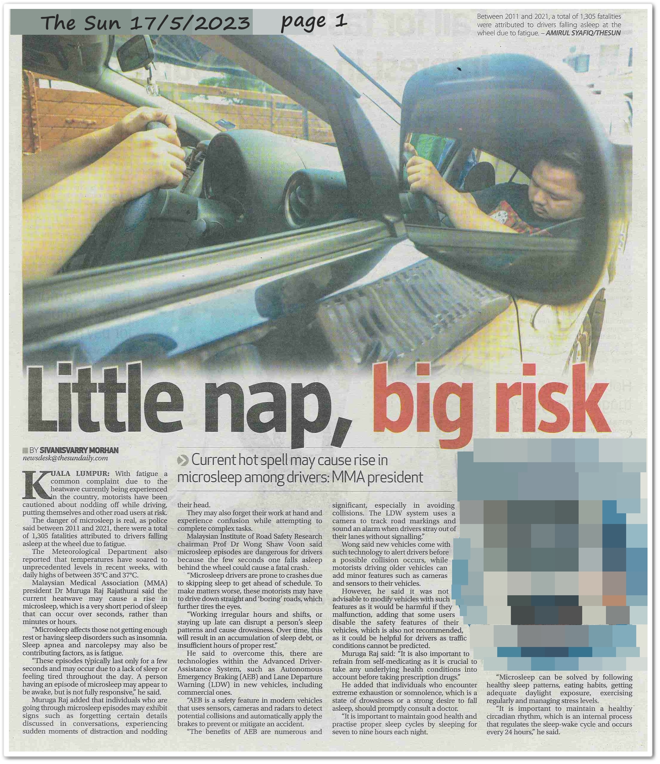 Little nap, big risk - Keratan akhbar The Sun 17 May 2023