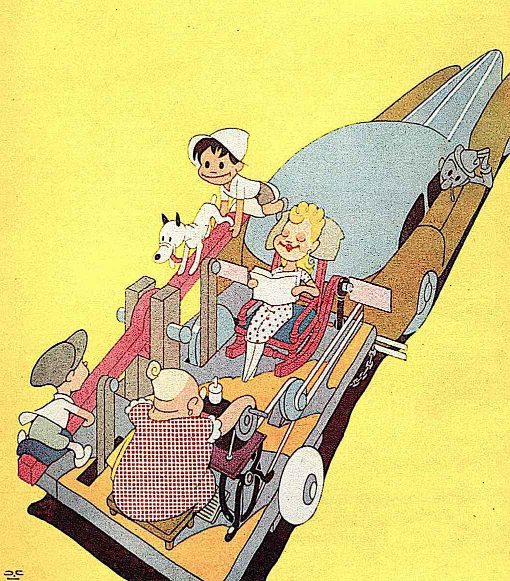 a J. Carlos illustration of a family on wheels