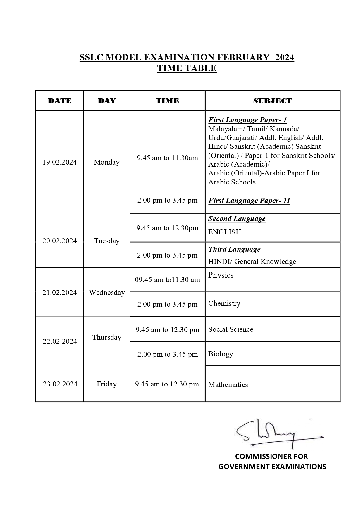 SSLC March 2024 - Model Exam Timetable