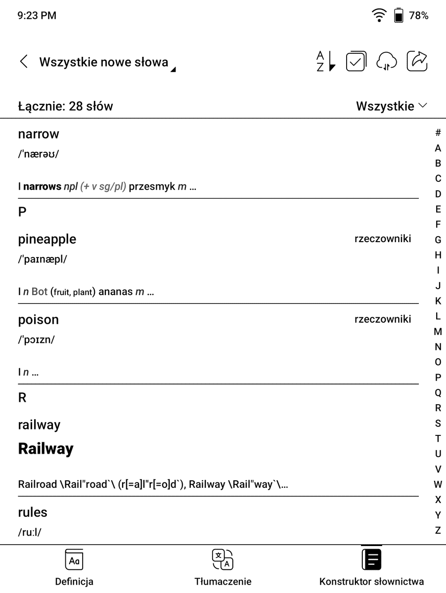 Onyx Boox Page – lista wyrazów zapisanych w usłudze Vocabulary Builder (konstruktor słownictwa)