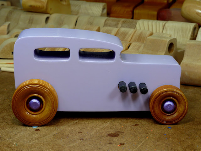 Wood Toy Car, Hot Rod 32 Sedan, Handmade and Painted  with Lavender,  Metallic Purple, Black Acrylic, and Amber Shellac