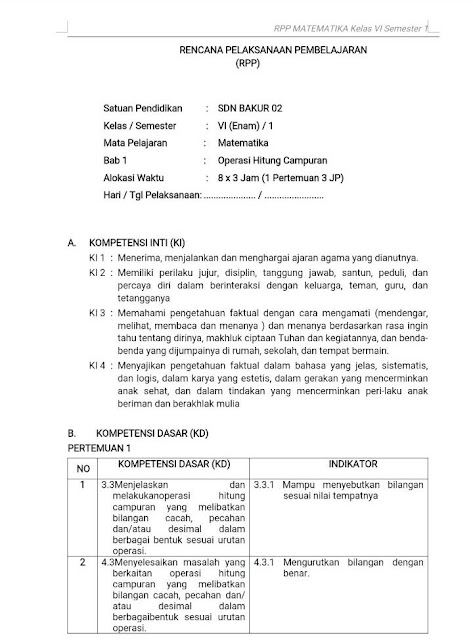  mata pelajaran matematika semester ganjil yang kami sediakan ini tentu saja telah terinte RPP matematika k13 kelas 6 Revisi 2018 Doc