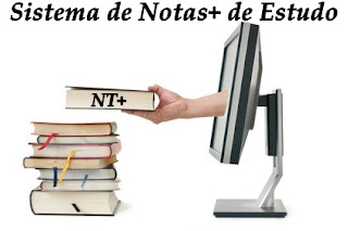 Imagem de um computador com uma mão entregando a vc o Sistema de Notas+ de Estudo "NT+"