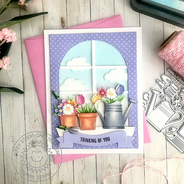 Sunny Studio Stamps: Spring Garden Die Focused Thinking Of You Card by Tammy Stark (featuring Stitched Arch Dies, Slimline Dies, Brilliant Banners)