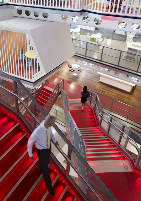 Photo of staircase and office as seen from the stairs