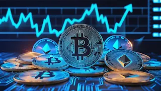 Bitcoin and Ethereum coins glowing with a financial chart in the background, representing cryptocurrency investment growth.