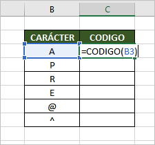 Función CODIGO en Excel