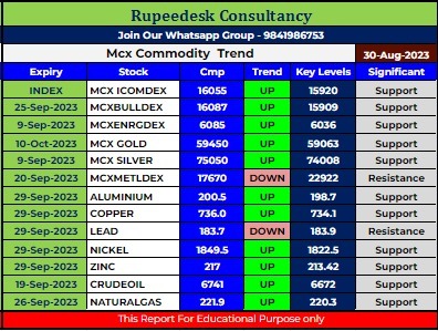 Mcx Commodity Intraday Trend Rupeedesk Reports - 30.08.2023