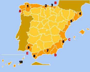 Resultado de imagen de mapa regiones costeras espaÃ±olas selectividad