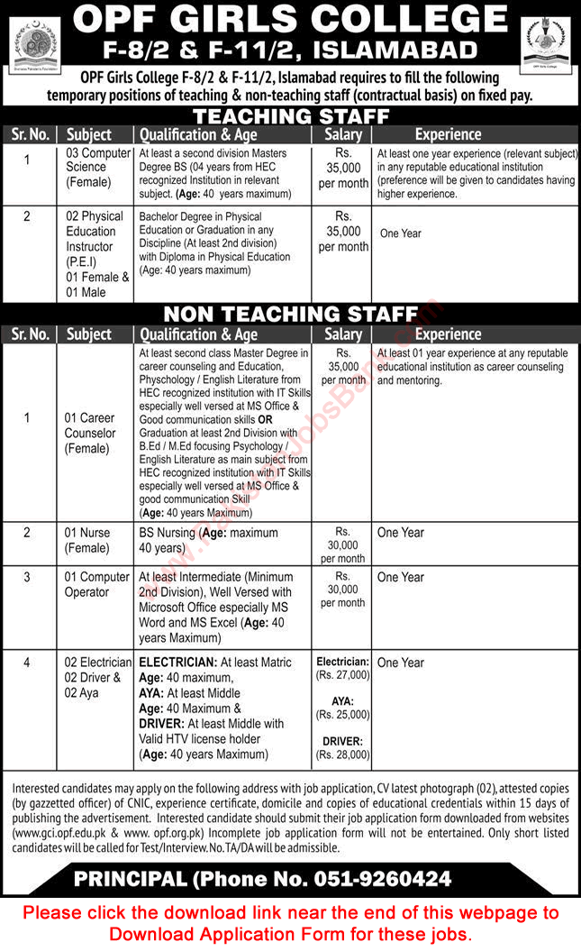 OPF Girls College Islamabad Jobs Online Apply www.opf.org.pk jobs
