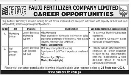 Latest Jobs In Fauji Fertilizers Company Limited 2022