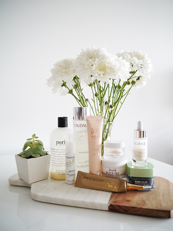 At-home facial routine featuring products from Caudalie, Philosophy, Pixi, Fresh Beauty, The Face Shop, L'Oreal