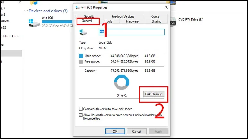 Chọn tab General > Disk Cleanup