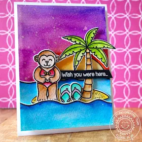 Sunny Studio Tropical Monkey Watercolor Card by Eloise Blue (using Island Getaway stamps and Wavy Border dies).